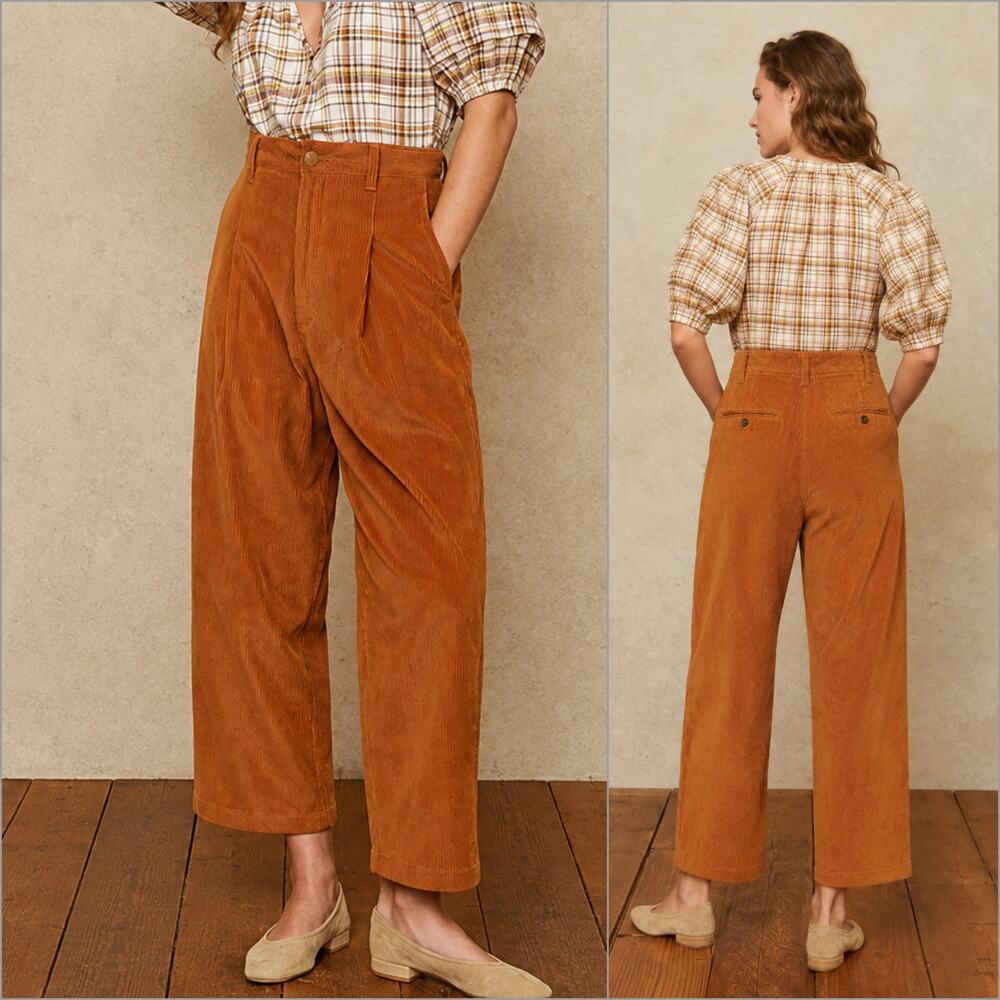 Christy Dawn Allison Pleated Corduroy Trouser pants cognac brown size 6